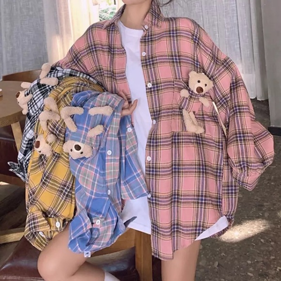 Plaid shirt flannel Bear plush button stripe candy pink pocket y2k Kawaii - Picture 2 of 3